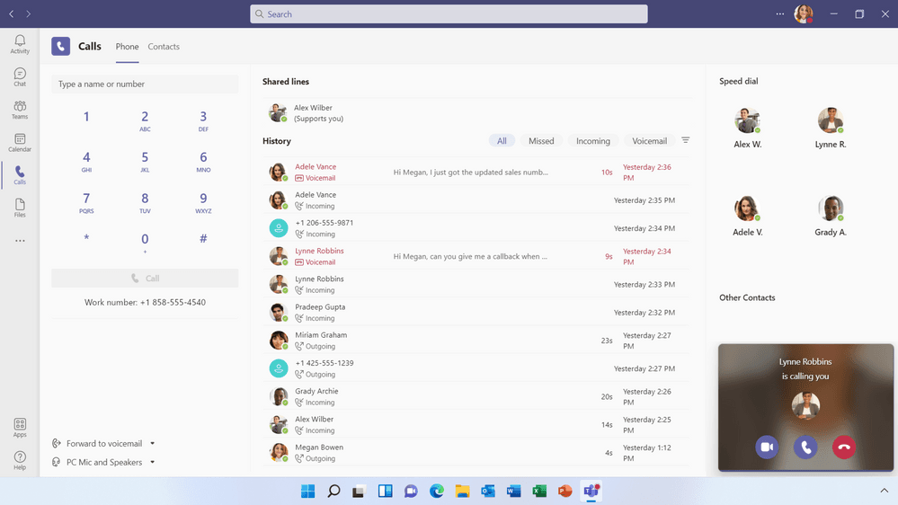 Screenshot showing Microsoft Teams calls tab when phone system features are enabled, with an inbound call arriving, and the dialpad and calling history showing