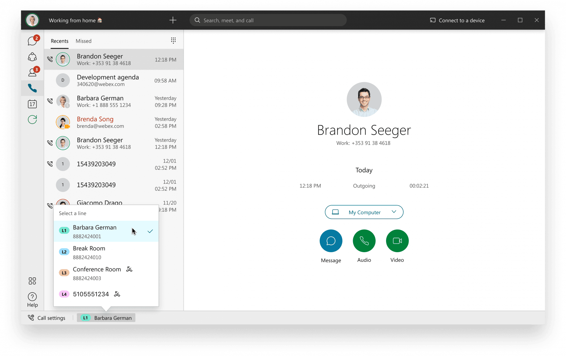 Screenshot of Webex desktop app showing the calls tab when beung using as a business cloud phone system, with the line selection tab open, and call history showing.